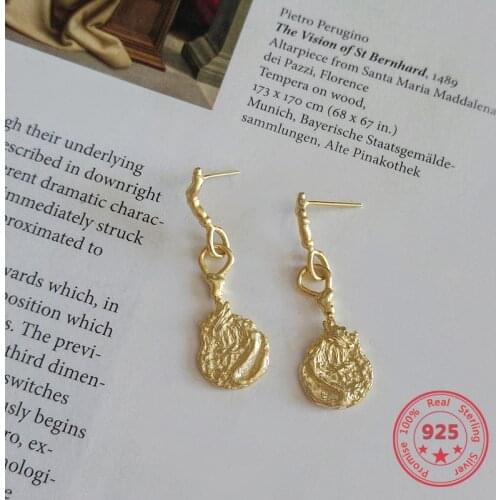 Pure 925 Sterling Silver Earrings Gold-plated Irregular Long Eardrops Simple Fashion Retro Pendant Earrings Women Jewelry