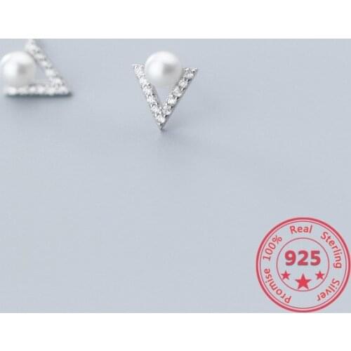 Korean Style Jewelry 925 Sterling Silver Fashion Sweet Temperament Inlaid Zircon V-shaped Earrings White Pearl Ear Accessories