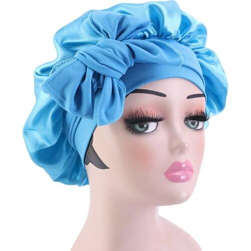 New Style Satin Hat Big Size Sleep Caps Soft Headgear Solid Color Nightcap Tie and Hair Accessories