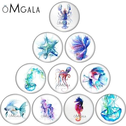 Aquarelle Sea Marine life Fish Jellyfish 12mm/14mm/16mm/18mm/20mm/25mm Round Photo Glass Cabochon Demo Flat Back Making Findings