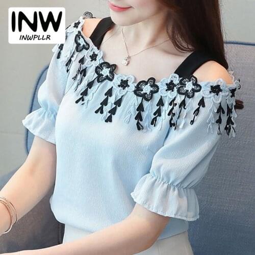 2018 Summer Fashion Tops Mujer Off The Shoulder Chiffon Blouses Elegant Flower Embroidery Tassel Patchwork Blusas Women Shirts