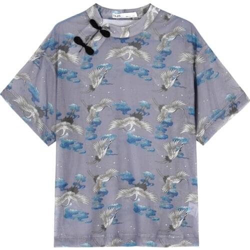 2021 trendy womens comfortable short-sleeved chinese tops blouses t-shirt floral printing stand collar casual loose blouses