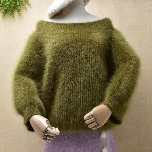 Female women hairy fuzzy striped winter thick warm mink cashmere slash neck three quarter sleeves pullover angora fur jumper top