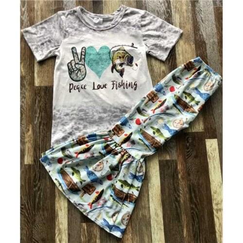 Children Clothing Baby Girls Boutique Spring Summer Scissor Hand Fishing Design Pantsuit