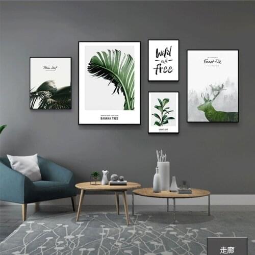 Sika Deer and Green Leafs and Plant Nordic Wall Art Prints Posters Canvas Painting Landscape Wall Pictures For Living Room Décor
