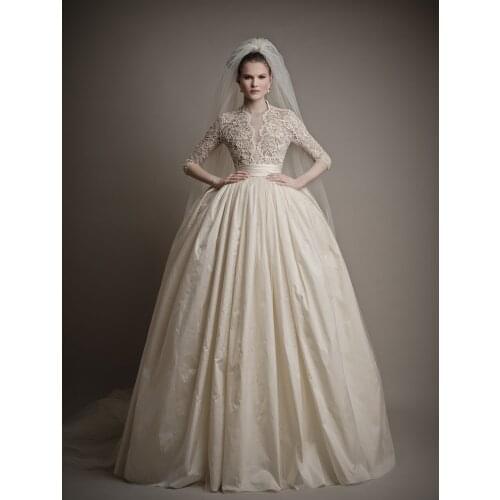 2018 Muslim Three Quarters Sleeve High Neck Lace Satin Skirt Court Train Bridal Gown Robe De Soriee mother of the bride dresses