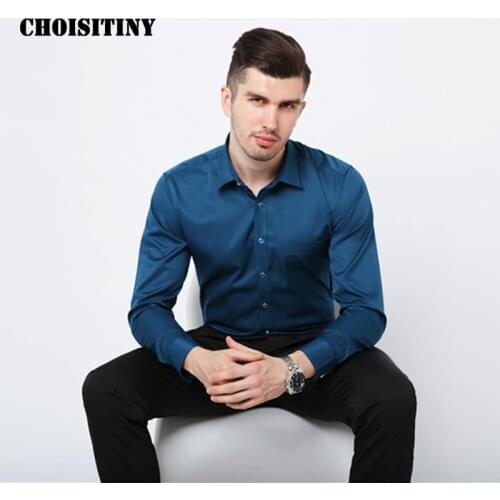 Mens Elastic Long Sleeve Shining Korean Slimming Solid Leisure Business Smart Casual Shirts Non-iron Formal Dress Shirt