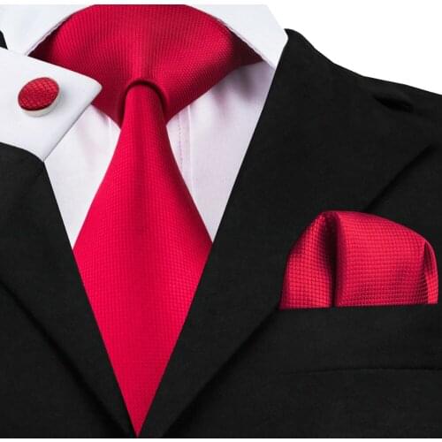 Mens Solid Red Tie Hanky Cufflinks Sets Mens 100% Silk Ties for men Formal Wedding Party Freeshipping SN-206