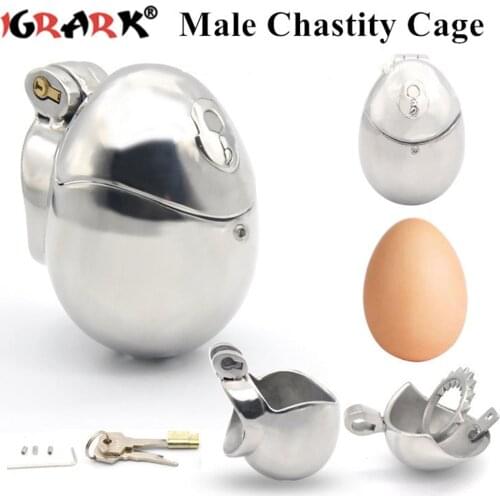 Stainless Steel Fully Restraint Egg Shape Male Chastity Device Cock Cage Penis Ring Lock Bondage Belt Sex Toys For Men Adult Gay