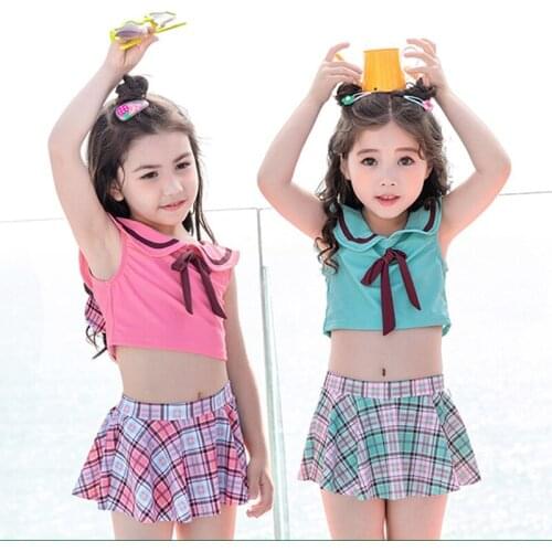 2021 New Girls Two Piece Swimsuit Cute Beachwear Baby Princess Plaid Skirt Swimwear Kid Bathing Suit Child Sweet Triangle Bikini