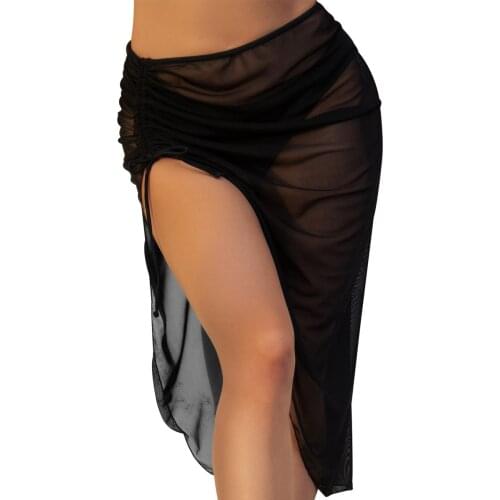 Sexy Women Perspective Bikini Cover Ups Summer Casual Solid Color Side Split High Waist Drawstring Tie-up Skirt