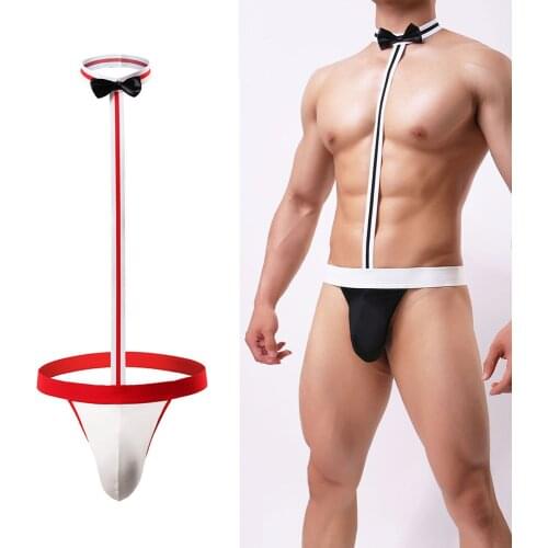 Sexy Male Underwear String Mens Sexy Bodysuit Bow Tie Mankini Thong Performance Clothes