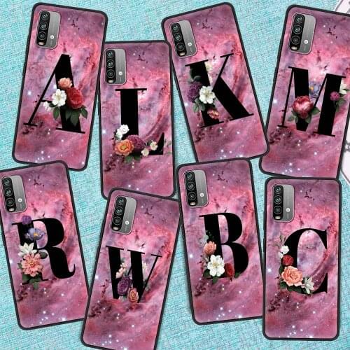 Silicone Case For Xiaomi Redmi Note 9S 9 8 10 Pro 8T Phone Cover 7 9A 9C 8A K40 9T 6 6A Black Soft Shell Letter A B Flowers Pink