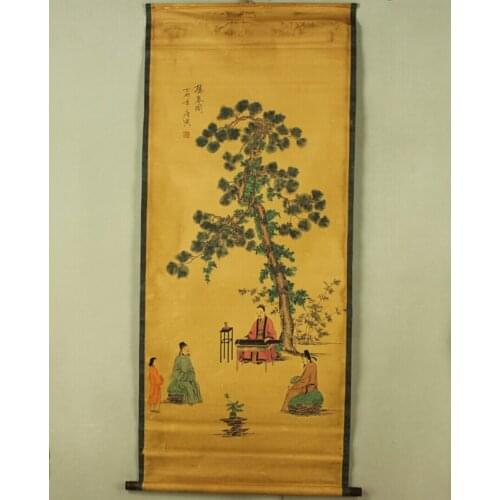 Antique painting traditional Chinese 3 people under a tree Listening to the Zither painting scroll painting,old paper painting