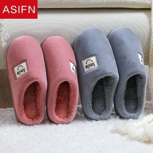 ASIFN Womens Slippers Cotton Winter Cute Smile Men Comfortable Soft Bottom Ladies Shoes Non Slip Indoor Furry House Fur Slides