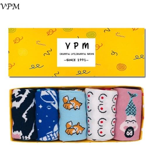 VPM Womens Causal Socks Colorful Harajuku Funny Mount Fuji Beauty Yuan Universe Breast Fox Christmas Sock for Girl 5 Pairs/Lot