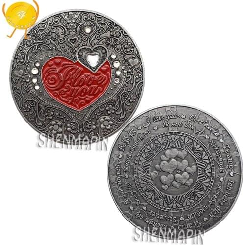 I Love You Red Heart Crystal Diamond Romantic Confession Proposal Commemorative Coin Marriage Anniversary Gift Coins Collectible