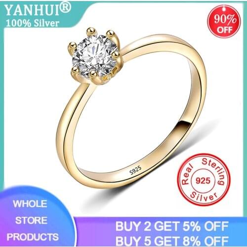 YANHUI Hot Sale Gold Color Classic Simple Design 6 Prong Sparkling Solitaire 1ct Zirconia Forever Wedding Rings For Women R0753