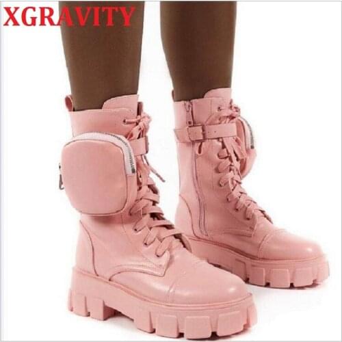 XGRAVITY 2021 Autumn Winter Thick Sole Platform Boots Fashion Women Shoes ELegant Pocket Lace UP Woman Boots Short Boots S011
