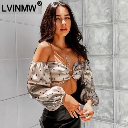 LVINMW Polka Dot Print Satin Off Shoulder Strap Crop Tops 2019 Winter Women Long Sleeve Slash Neck Party Streetwear T Shirts