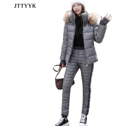 2021 2pc Winter Jacket Women Casual Hooded Warm Coats Suits Female Faux Fur Collar Slim Parkas Pants Two piece Set Ladies Jacket
