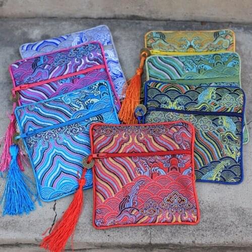 Wave Chinese Silk Bag Zip Christmas Bags Gift Packaging Bag Tassel Brocade Jewelry Pouch Small Coin Purse Party Favors 10pcs/lot