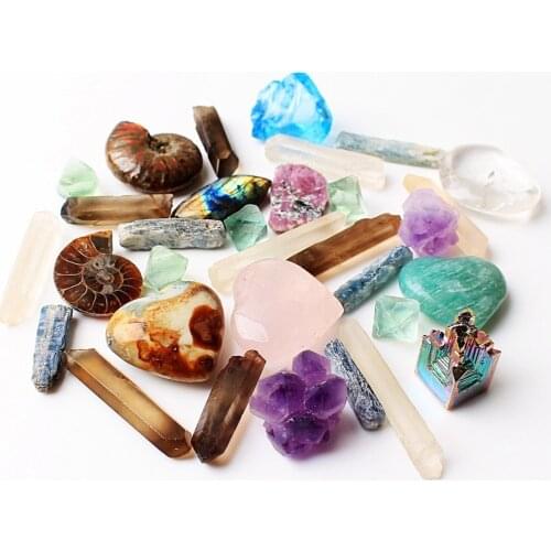 15 kinds of Crystal quartz Obelisk&Specimen Ammonite fossil Minerals Gemstone Mixed Healing decor with a pouch 150g