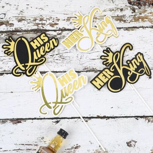2pcs His Queen Her King Cupcake Decorative Toppers Birthday Cake Decoration Black White Gold Letter Happy Birthday Cake Topper