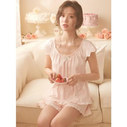 Free Shipping 2021 New Womens Short Pants Pajamas Lace Pink Sleepwear Cotton Nightgown Sweet Nightshirt