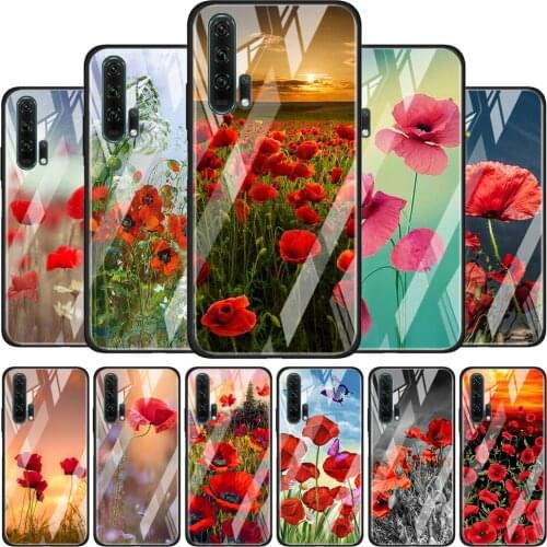 Tempered Glass Cover Red Poppies Flowers Painting For Honor 30 20 10 9X 8X Lite Pro Plus Silicone Phone Case Coque Shell