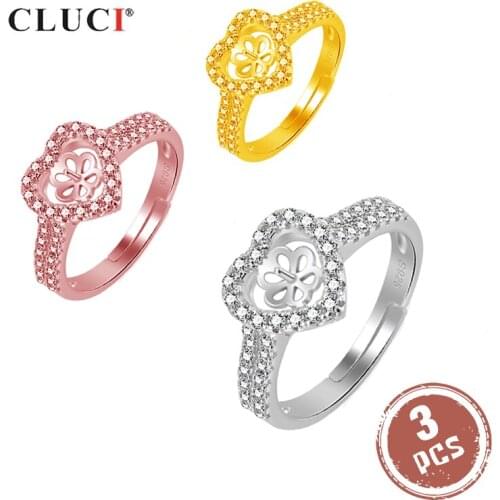 CLUCI 3pcs Silver 925 Love Heart Rings Women Jewelry Pearl Ring Mounting Adjustable Zircon Heart Ring SR2125SB