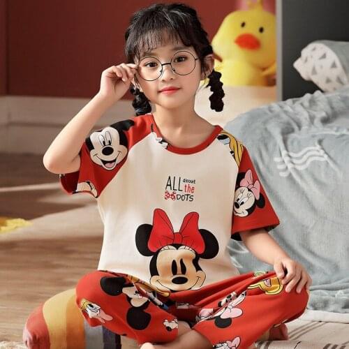 Kids Pajamas Set Summer Children Cotton Short Sleeve Sleepwear Disney Mickey Cartoon Pyjamas Girl Clothing Women Nightwears