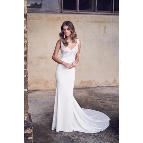 HA014 design 2019 fall sexy v neckline bridal gown mermaid cut trumpet skirt lace appliques chiffon wedding dresses open back