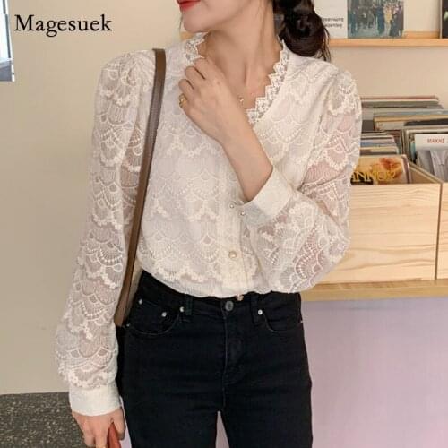 Spring V Neck Long Sleeve Women Tops New Elegant Gentle Casual Womens Blouse Embroidery Crochet Lace Shirt Ladies Blusas 14761