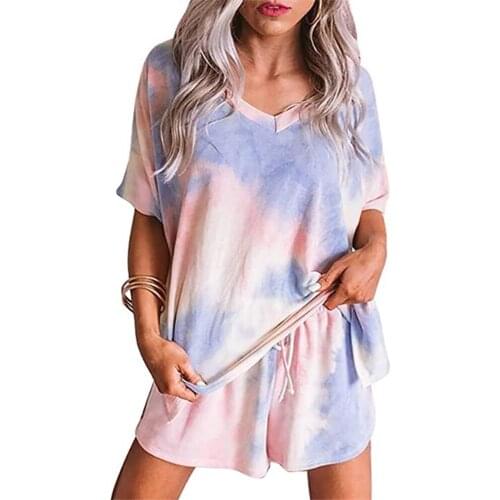 Woman Casual Die Dye Printing V-Neck Lounge Set Short Sleeved Shorts Home Service Suit Oversize Loose Loungewear Female Pajamas