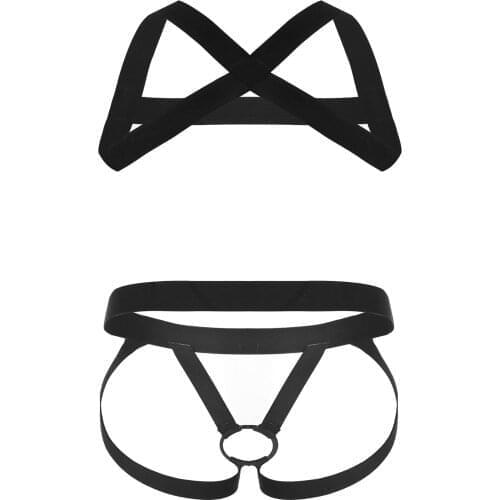 Mens Lingerie Set X-Shape Back Elastic Shoulder Chest Muscle Harness Belt with O-ring Crotchless Jockstrap G-string Underwear