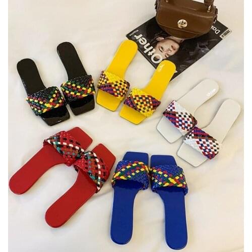 Fashion Handmade Rainbow Color Woven Women Slippers 2021 New Square Toe Open Toe Flat Sandals Women Shoes