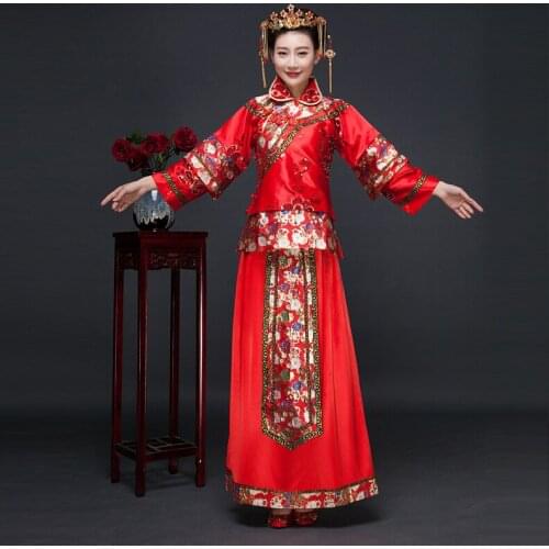 New Arrival Red Chinese Bride Dress Women Suit Blouse + Skirt Chinese Bride Cheongsam Free Shipping 16