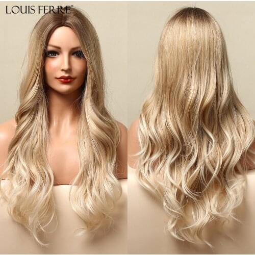LOUIS FERRE Light Golden Blonde Wigs Cosplay Heat Resistant Ombre Synthetic Hair for White Women Long Wavy Wigs Middle Parted