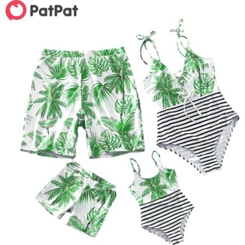 PatPat 2021 New Arrival Summer Family Look Coconut Tree Print Striped One-piece Matching Swimsuits Childrens Clothing
