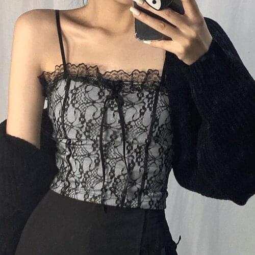Sexy Black Lace Patchwork Spaghetti Strap Top E-girl Slim Fit Crop Camis Backless Tops Y2K Fashion Women Summer Clothing