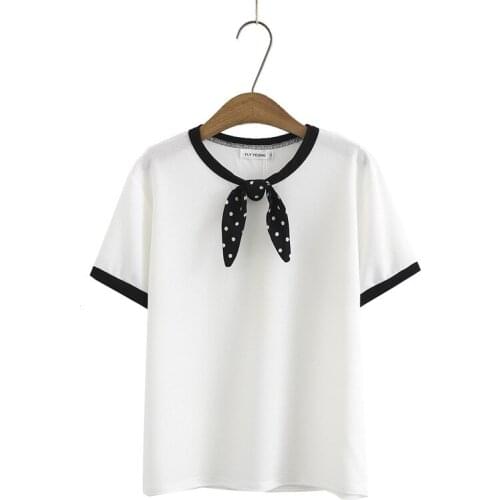 Plus Size XL-4XL Womens White Black Slim Shirts Casual Polka Printed Bow Tie Summer Tops