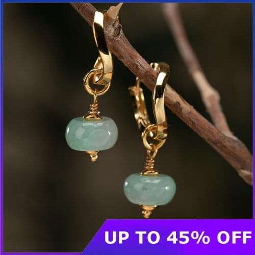 Real 925 Sterling Silver Gold-plated Natural Emerald Jade Earrings Personality Vintage Thai Silver Engagement Earrings Jewelry