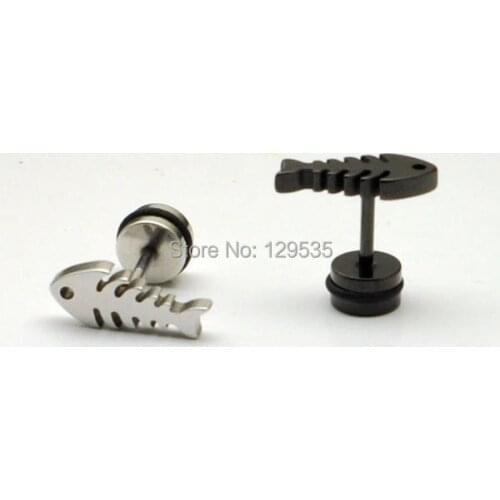 Fish bones Not fade white black titanium steel Punk Hiphop Men Screw Back (pierced) stud earrings