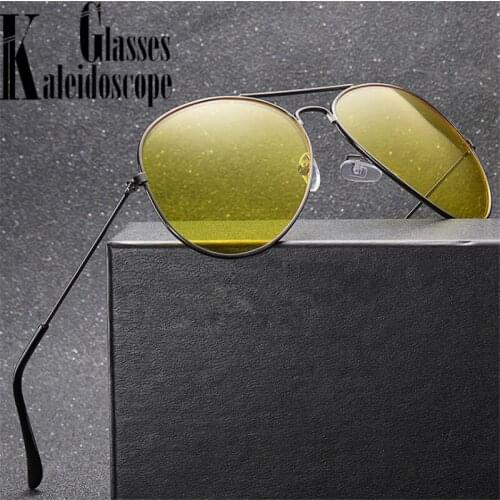 Vintage Pilot Sunglasses Men Classic Night Vision Driving Sun Glasses Womens Fashion Metal Yellow Mirror Eyeglasses UV400
