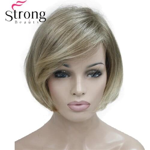StrongBeauty Short Straight Ombre Blonde Bob Side Swept Bangs Synthetic Wig Women Full Wigs COLOUR CHOICES
