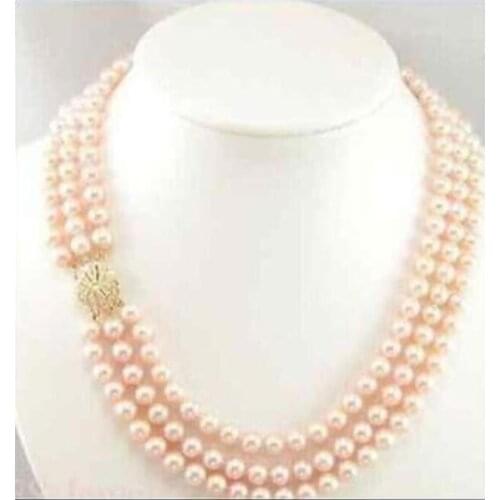 Triple strandsAAA 7-8mm Real Australian south sea pink pearl necklace 17-19"14K
