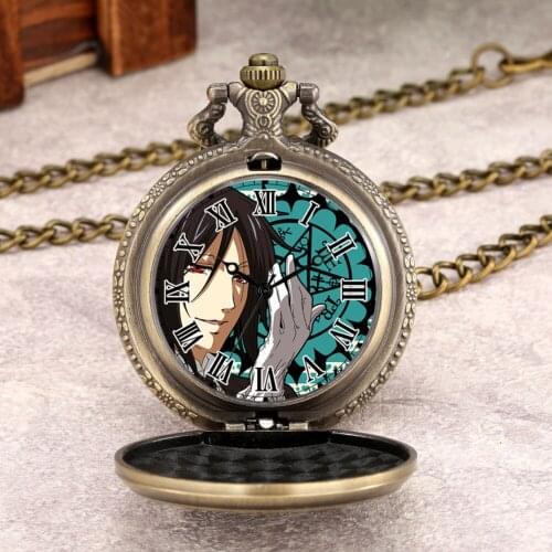 Japanese Anime Brass Pocket Watch Black Butler Theme High Quality Retro Roman Numerals Dial Alloy Chain Necklace Men Collection