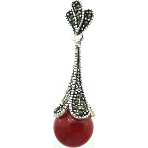 Free Shipping ladys 925 Sterling Silver Natural 12mm red JADE Marcasite Necklace Pendant 45*12mm