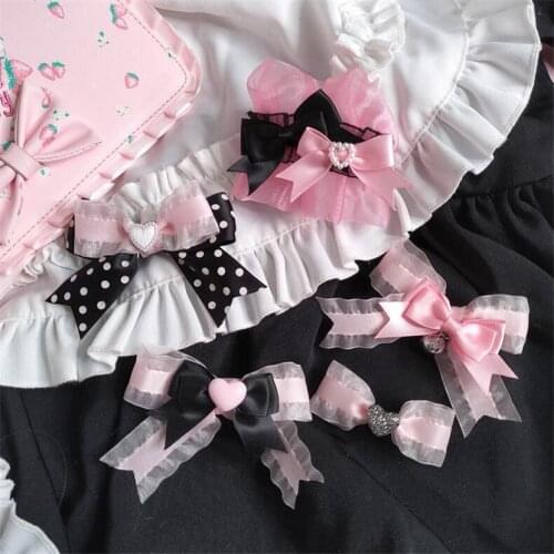 Sweet Heart Pink Black Lace Bownot Hairpin Lolita Maid Cosplay Women Hair Side Clip D726